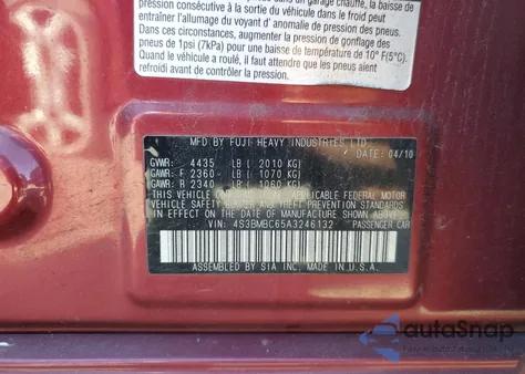 2010 Subaru Legacy 2.5I Premium из США, поврежденный, VIN 4S3BMBC65A3246132